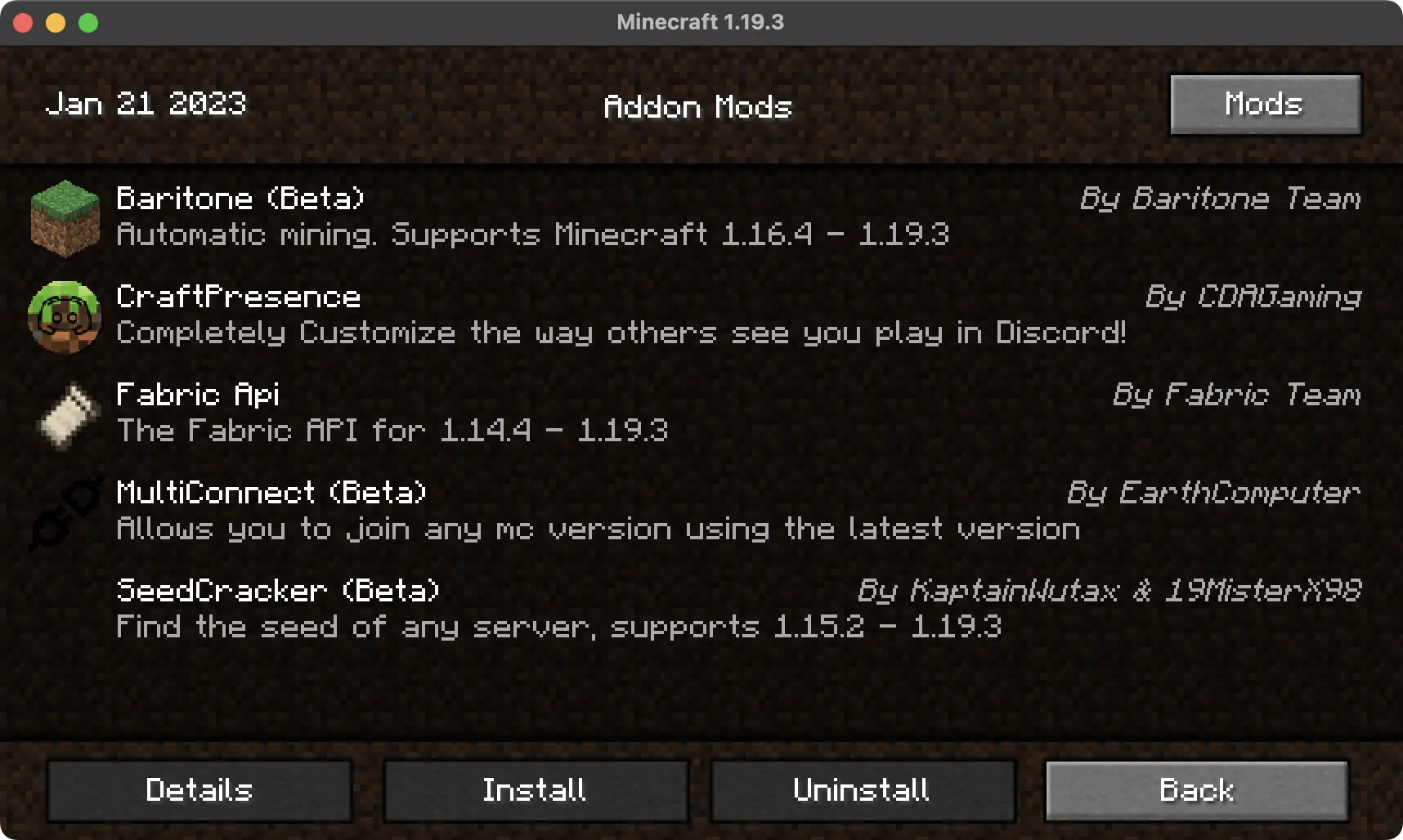Screenshot of the addons manager